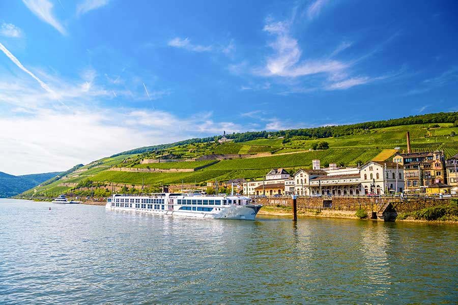 Kreuzfahrtschiff auf dem romantischen Rhein, am Ufer Weinberge und Häuser